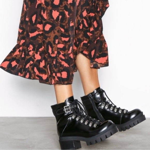 Jeffrey Campbell Shoes - Jeffrey Campbell Black Patent Czech Moto Combat Chunky Platform Boots SZ 8.5